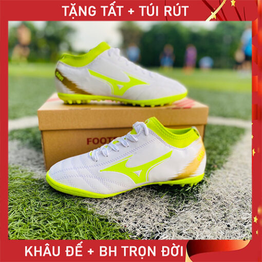 Giày Bóng Đá Mizuno cổ chun - Trắng đế xanh