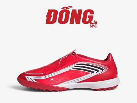 Giày đá bóng Adidas F50 Messi League TF màu đỏ trắng, thân giày chụp nghiêng với lưỡi gà gập và đế TF đinh dăm