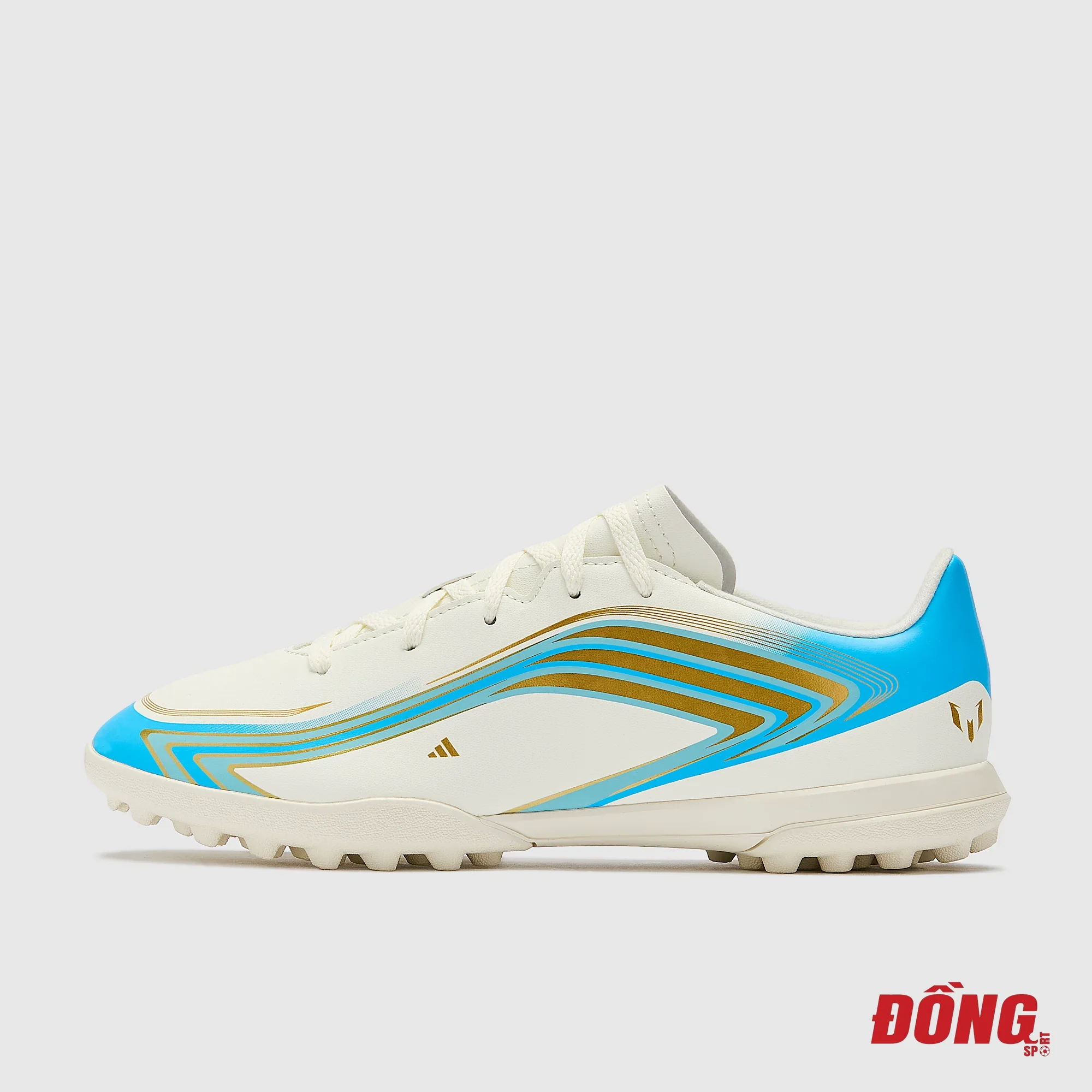 Giày đá bóng trẻ em Adidas F50 Messi Club TF KK1380 Jr El Último Tango trắng xanh – mặt ngoài