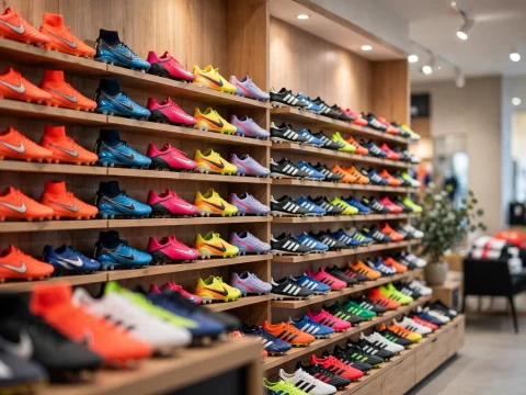 Kệ gỗ trưng bày hàng chục đôi giày đá bóng Nike và Adidas nhiều màu trong cửa hàng